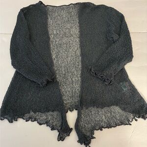 Shu-shi Women Open Weave Crochet Cardigan Blue-Gray M/L Flutter Hem Boho Hippie